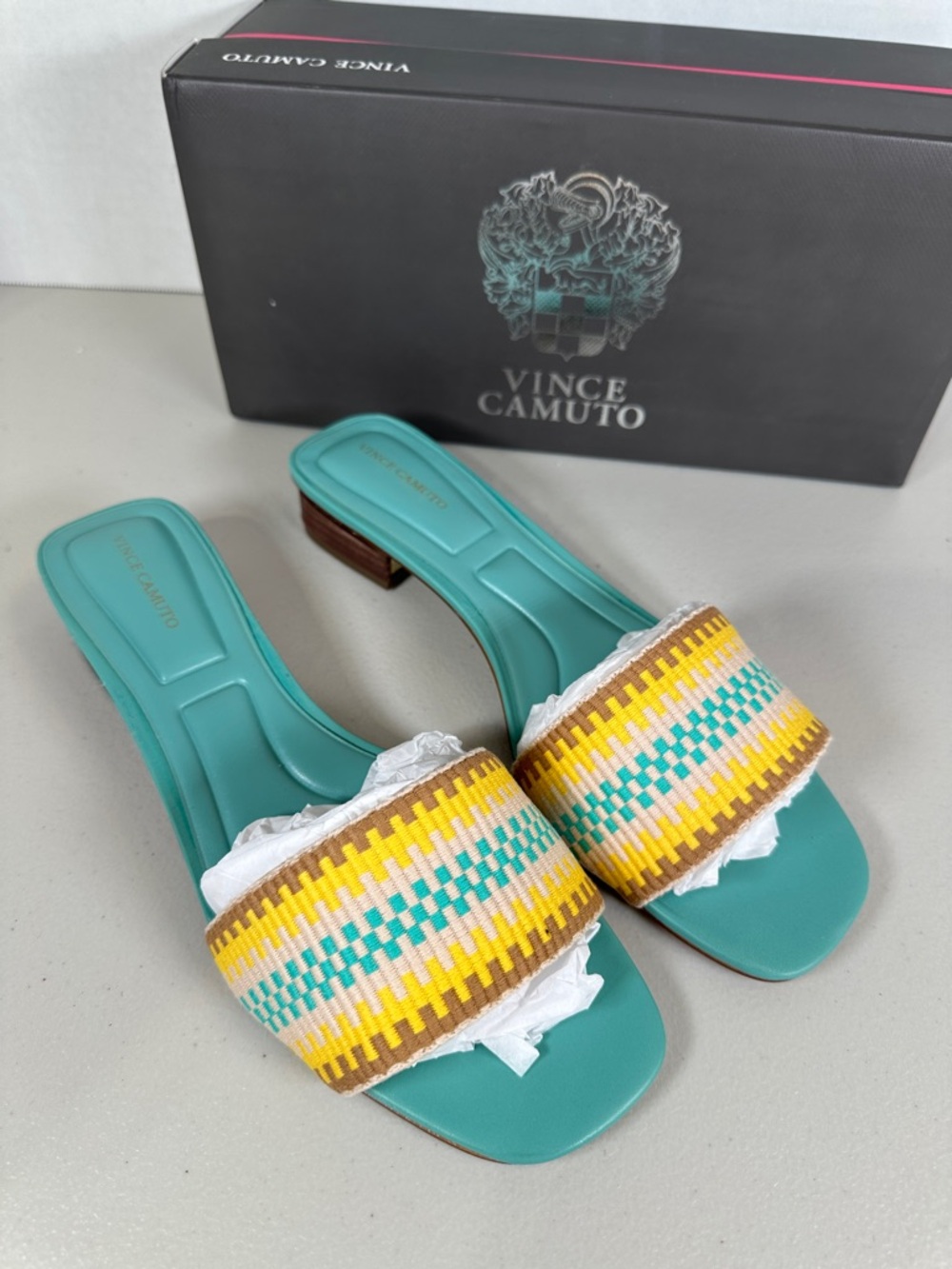Vince Camuto Teal Slide Mules with Yellow, Brown & Cream Woven Band